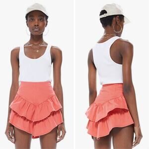 Mother Hot Coral Ruffle Asymmetric Mini Denim Skirt